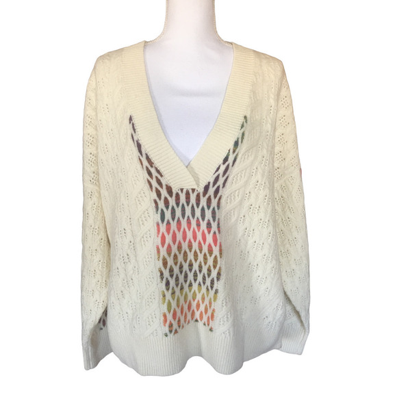 Anthropologie Maeve V-Neck Cable-Knit Lamb's Wool Sweater Women’s Size XL Ivory - Picture 3 of 12
